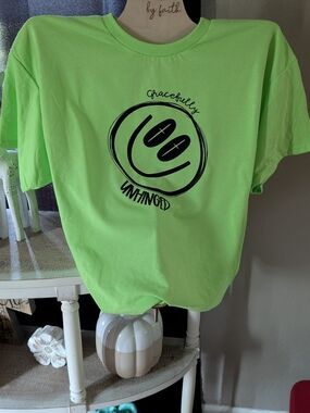 Gildan Neon Green Short Sleeve Tee with Black Smiley Graphic